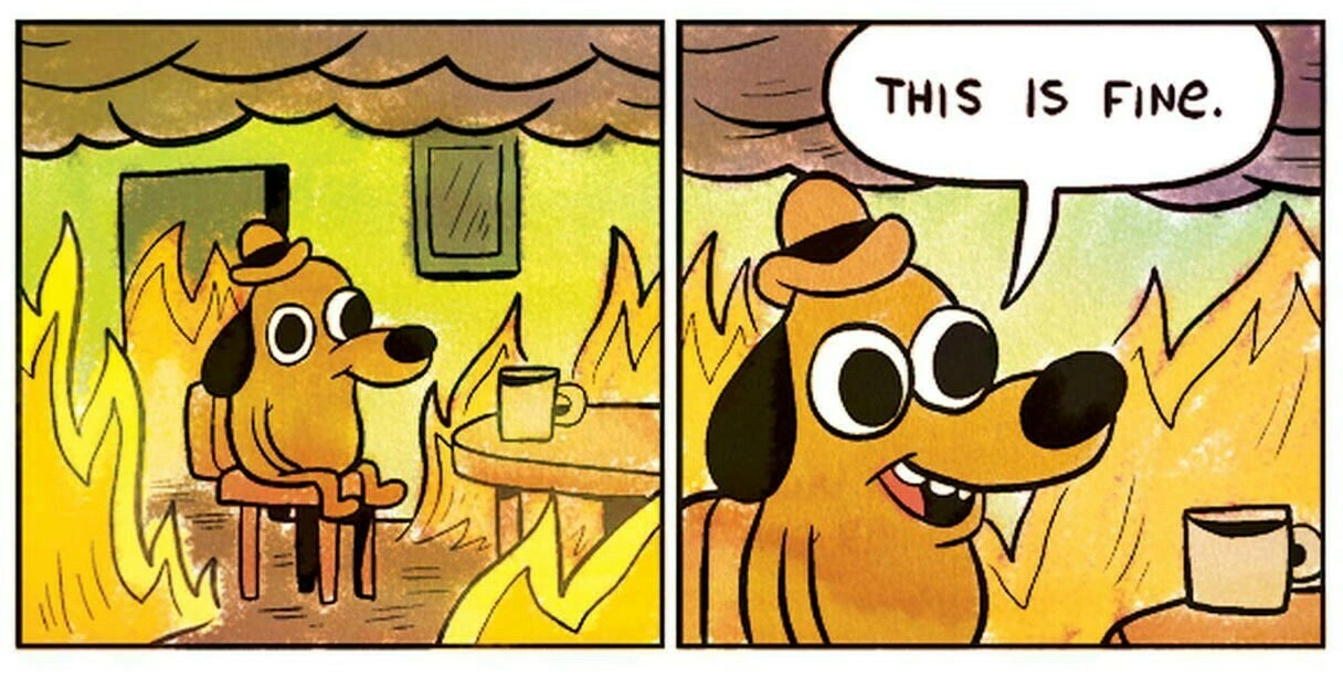 Meme 'This is Fine' - cachorro sentado tomando café com a sala pegando fogo